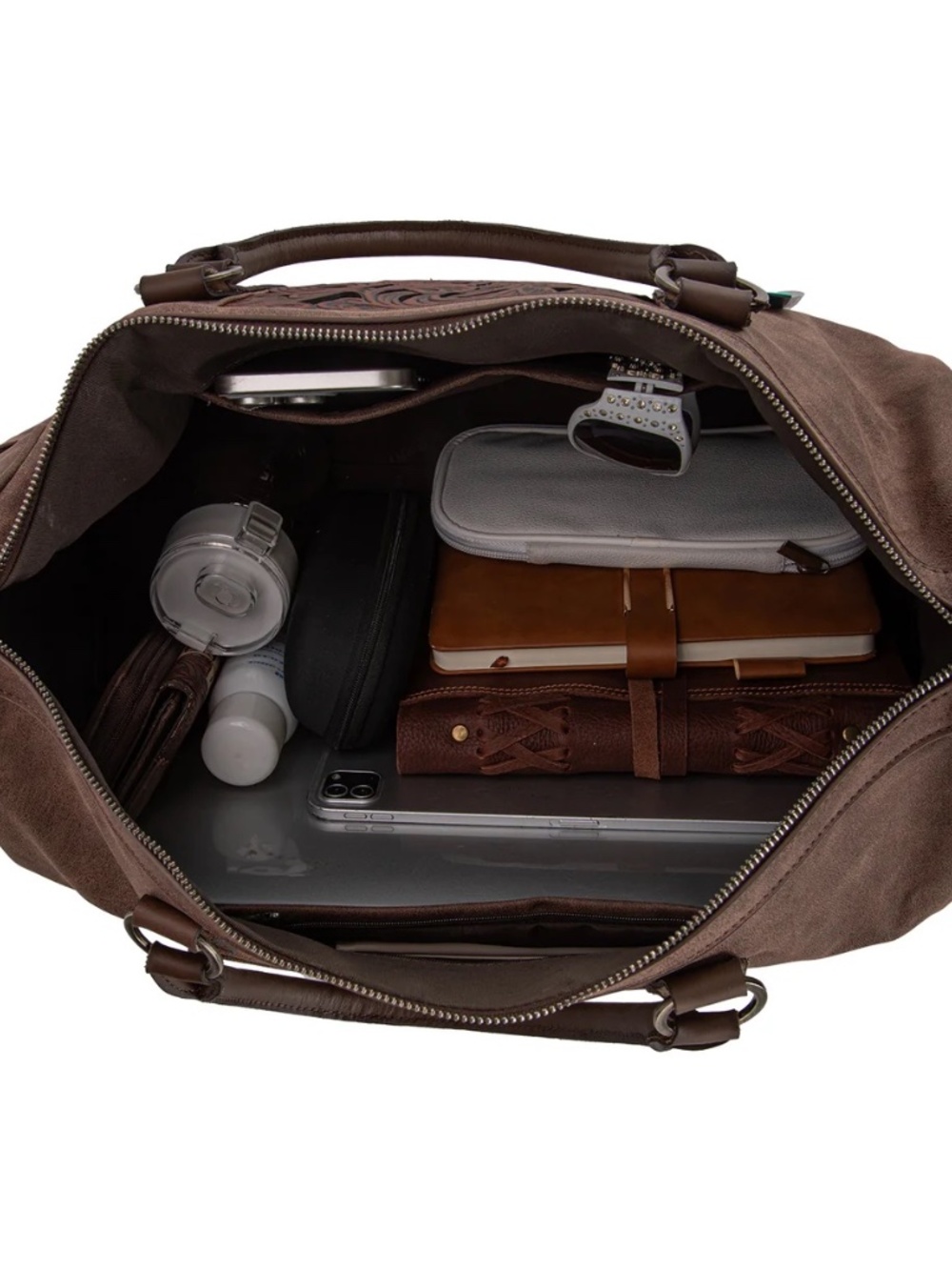 Trinity Ranch Floral Aztec Tooled Collection Weekender Bag Coffee - Picture 8 of 8